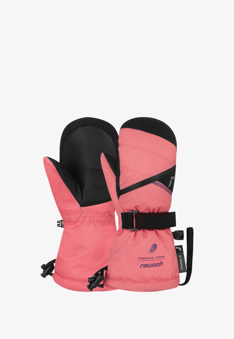 Rosa gefütterte Fäustlinge mit schwarzen Leder-Spitzen, ausgestattet mit einem elastischen Handgelenk, verstellbarem Riemen und wasserabweisendem Material.