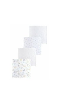 Vier Baumwoll-Musselin-Baby-Tücher in verschiedenen Designs: wei�ß mit Mustern, hellblau mit Punkten und ein kunterbunter Tierdruck.