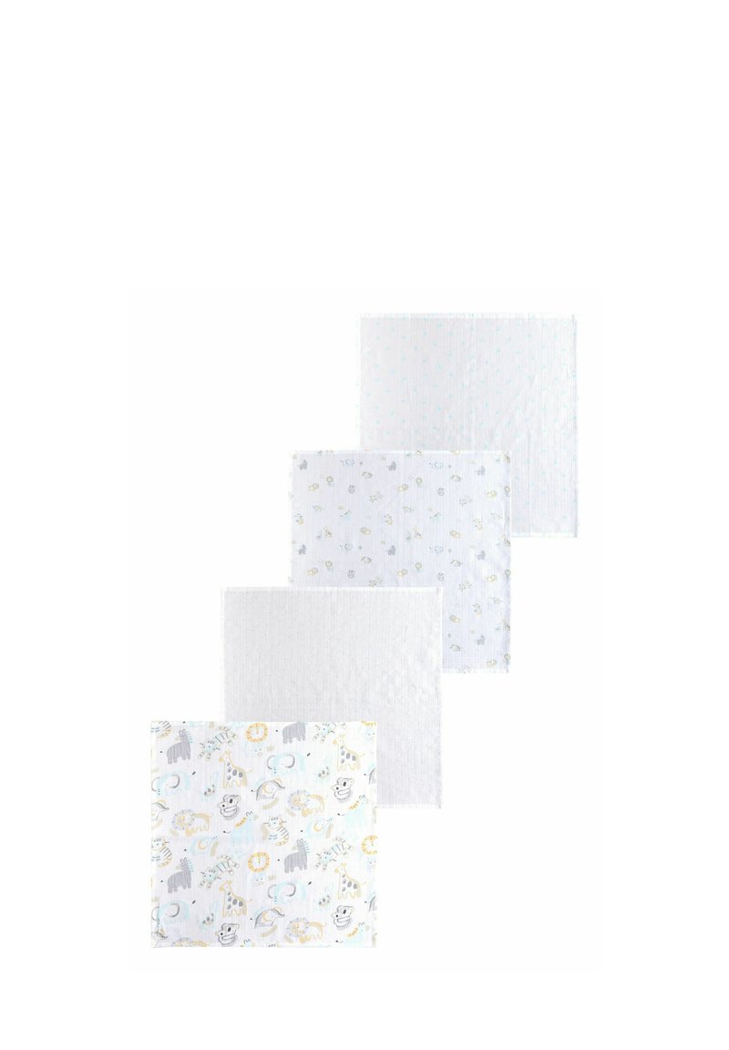 Vier Baumwoll-Musselin-Baby-Tücher in verschiedenen Designs: weiß mit Mustern, hellblau mit Punkten und ein kunterbunter Tierdruck.