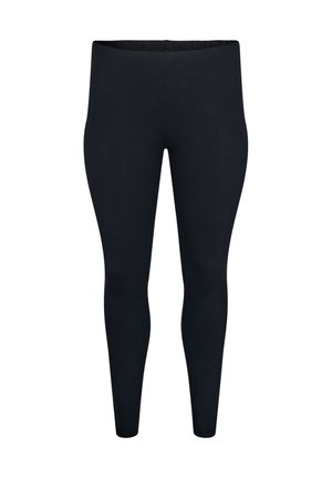 Schwarze Leggings aus dehnbarem Stoff mit glatter Textur und einem elastischen Bund. Eng anliegendes Design, das bis zu den Knöcheln reicht.