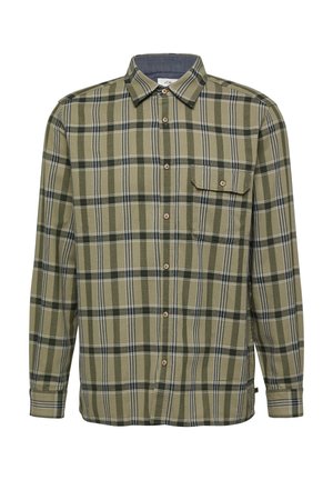 Overhemd met lange mouwen, groen en beige verticale ruitpatroon en een borstzak met knoop.