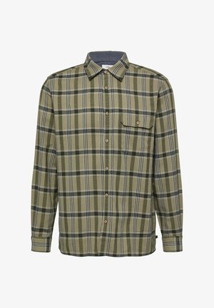 Camicia a maniche lunghe con bottoni, motivo a quadri verticali verde e beige e taschino sul petto con un solo bottone.