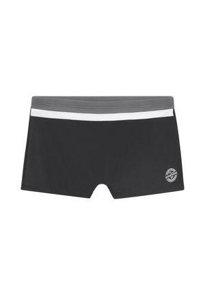 Schwarze Badeshorts mit einem grauen Bund, ausgestattet mit einem weißen Streifen und einem Logo in der unteren rechten Ecke. Hergestellt aus glattem, dehnbarem Stoff.