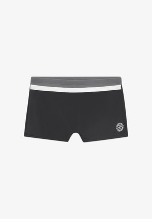 Schwarze Badeshorts mit einem grauen Bund, ausgestattet mit einem weißen Streifen und einem Logo in der unteren rechten Ecke. Hergestellt aus glattem, dehnbarem Stoff.