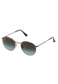 Occhiali da sole circolari con montatura in metallo bronzo, lenti grigie a sfumatura e punte delle astine accentate in blu. Inclusi cuscinetti nasali regolabili.