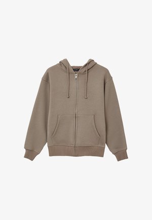 Hellbraune Zip-Hoodie mit Kordelzugkapuze, Fronttaschen und gerippten Bündchen und Saum, aus weichem, strukturiertem Stoff.