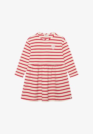 Abito a maniche lunghe per bambini color crema con strisce orizzontali rosse, vita raccolta e piccola toppa floreale rosa sul petto.