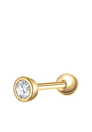 Goldfarbener Ohrstecker mit einem klaren, runden Edelstein, der mit einer glatten, polierten Oberfläche und einem schmalen Stift gestaltet ist.