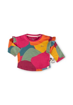 Baby-Shirt mit langen Ärmeln und bunten abstrakten Applikationen in Pink, Orange, Grün, Gelb und Blau, mit gerafften Schulterdetails.