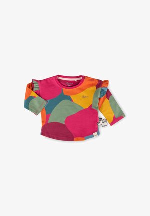 Maglietta per neonati a maniche lunghe con toppe astratte colorate in rosa, arancione, verde, giallo e blu, con dettagli arricciati sulle spalle.