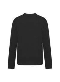 Schwarzes Langarm-Shirt mit Rundhalsauschnitt, aus glattem Stoff gefertigt. Hat lange Ärmel und einen geraden Schnitt am Saum. Keine weiteren Details.