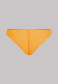 Culotte de bikini pour femmes orange, fabriquée dans un matériau lisse, avec une coupe simple et sans décorations. La vue arrière montre un design sans coutures et des coutures discrètes.