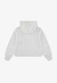 Moletom cinza cortado, feito de material suave, com capuz ajustável, mangas longas e punhos canelados. Design simples sem detalhes adicionais.