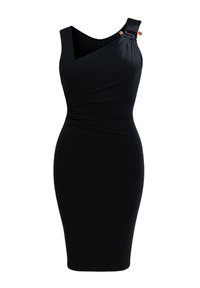 Abito aderente nero con spalla scoperta, dettagli arricciati e perline decorative sul singolo spallino, di lunghezza al ginocchio con una silhouette slanciata.