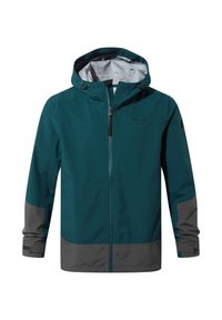 Teal and gray waterproof hooded jacket with front zipper, adjustable cuffs, and brand logo on chest and sleeve.