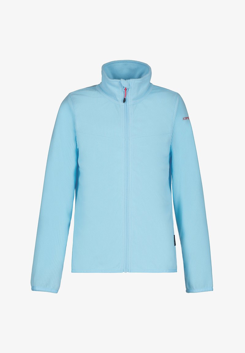 Giacca in pile azzurro chiaro con colletto alto, zip frontale e tessuto testurizzato. Presenta un logo rosso sulla manica sinistra.