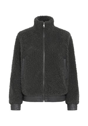 Veste en fourrure gris foncé avec un col haut, une fermeture éclair à l'avant et des poignets côtelés. Dispose de deux poches latérales avec des accents texturés.