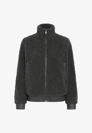Fleece jack in donkergrijs met een hoge kraag, ritssluiting aan de voorkant en geribde zoom. Heeft een gestructureerde stof en soepele zijzakken.