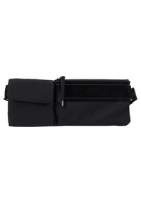 Borsa a spalla nera con una texture liscia, scomparto principale con zip, flap con chiusura a scatto e un logo discreto sul manico.