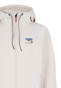 Svijetlosivi dukserica na zip s visokim ovratnikom, kontrastnim crnim i bijelim vezicama, te suptilnim logotipom planine na prsima.