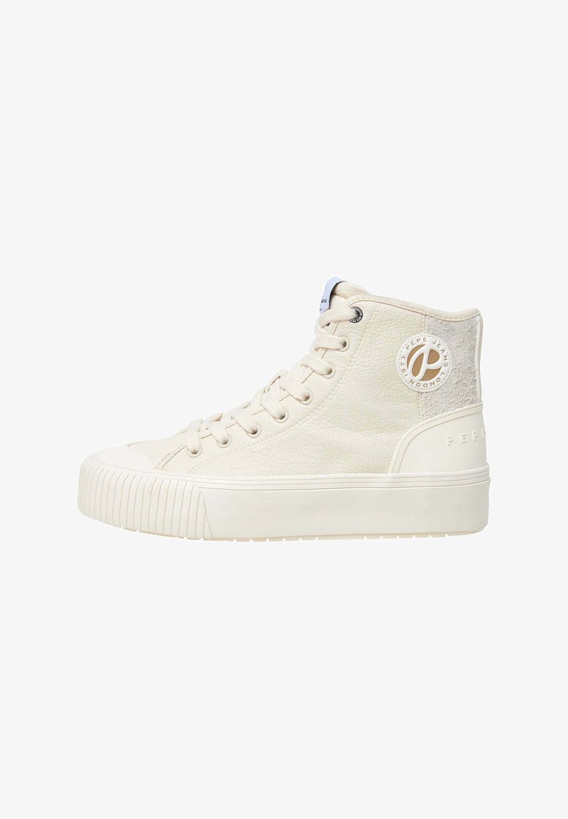 Zapatillas alta en cuero color blanco roto con un acabado texturizado, suela de goma y un acento de logo circular en el lateral. Cintas de ajuste y cuello acolchado.