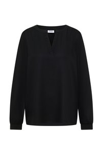 Blusa negra de manga larga con escote en V con ribete texturizado y puños ajustados. Tejido liso con un corte relajado y un diseño minimalista.