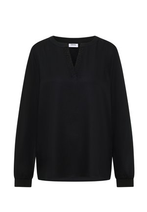 Blusa nera a maniche lunghe con scollo a V rifinito in tessuto strutturato e polsini aderenti. Tessuto liscio con vestibilità morbida e design minimalista.