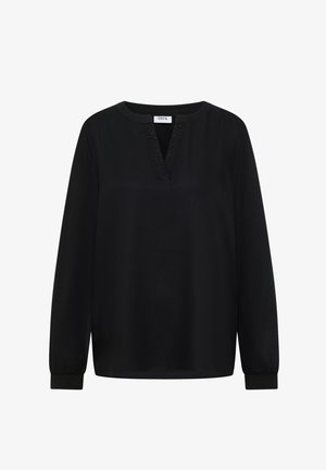 Blusa nera a maniche lunghe con scollo a V rifinito in tessuto strutturato e polsini aderenti. Tessuto liscio con vestibilità morbida e design minimalista.