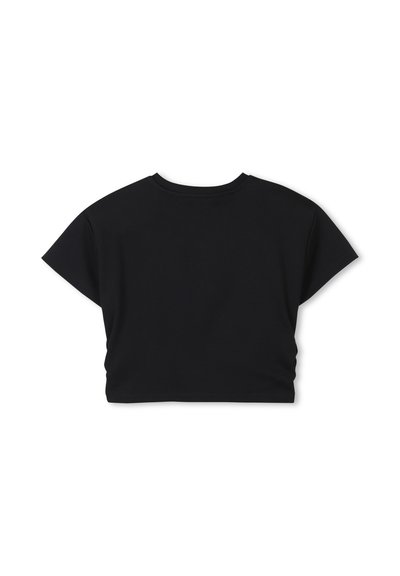 Zwarte cropped t-shirt van zachte stof, met korte mouwen en een ronde halslijn, met een gladde textuur en een minimalistisch ontwerp.