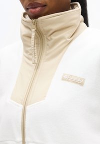 Κοντινό πλάνο ατόμου που φοράει λευκό και μπεζ μπουφάν fleece με φερμουάρ μέχρι το στήθος της Columbia Sportswear, με το γιακά φερμουάρ κλειστό κάτω από το σαγόνι.