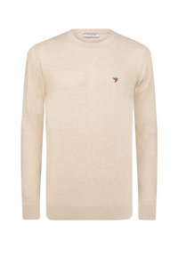 Maglione beige lavorato a maglia con maniche lunghe e scollatura rotonda. Presenta un piccolo logo di un uccellino marrone sul lato sinistro superiore e polsini a costine.
