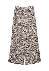 Wijd gesneden broek met een beige achtergrond en donkergroene, verfijnde bloemen- en paisleymotieven, met een hoge taille en een relaxte pasvorm.