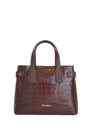 Borsa a mano in pelle marrone con motivo coccodrillo, due manici e targhetta con logo dorata al centro davanti.