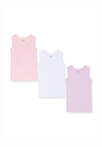 Drei ärmellose Baumwoll-Tanktops in Hellrosa, Weiß und Helllila, mit runden Ausschnitten und kleinen dekorativen Akzenten.
