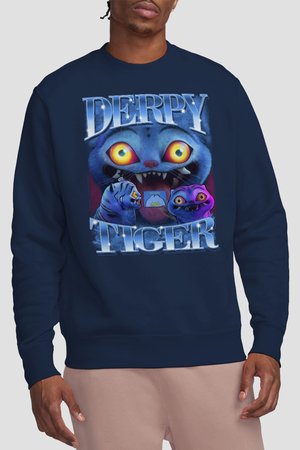 Person wearing a navy sweatshirt with a colorful graphic of three wide-eyed, cartoonish tiger faces and the text "DERPY TIGER."