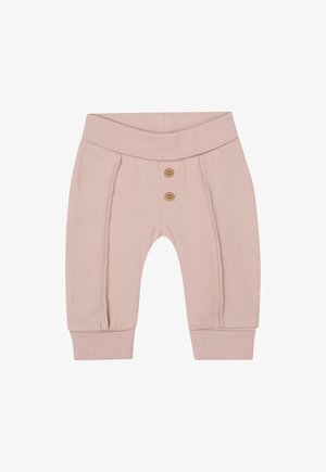 Helle rosa, weiche Baumwollhose mit einem breiten elastischen Bund, zwei dekorativen Holzknöpfen und schmal zulaufenden Bündchen an den Knöcheln.