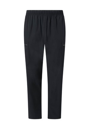Czarne spodnie o prostych nogawkach z elastycznym pasem i zapinanymi na zamek bocznymi kieszeniami, zaprojektowane do noszenia na co dzień lub na aktywność.