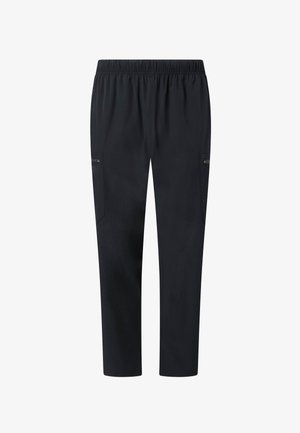 Pantalones negros de pierna recta con cintura elástica y bolsillos laterales con cremallera, diseñados para un uso casual o activo.