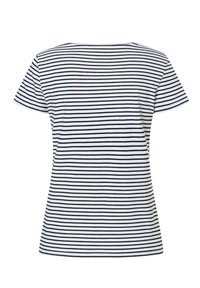 Gestreiftes T-Shirt mit kurzen Ärmeln in Schwarz und Weiß, mit rundem Ausschnitt und lockerem Schnitt sowie einer glatten Baumwolltextur.