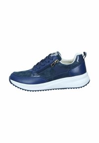Navy blue sneakers made of leather and suede, featuring a white rubber sole, textured accents, and a side zipper for easy wear.