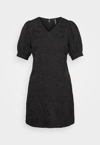 Musta mekko V-painikkeella, lyhyillä puffihihnoilla, tekstuurilla varustettua kangasta, jossa on lehtikuvio. Takana vetoketjukiinnitys, polviin ulottuva muotoilu.