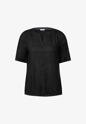 Schwarze Bluse mit kurzen Ärmeln, V-Ausschnitt, glatter Textur und Raffung an den Schultern. Leichtes Material in lässiger Passform.