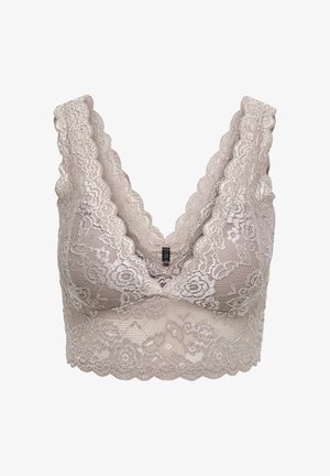 Bézs csipkés bralette virágmintákkal, széles pántokkal és hullámos szegélyekkel, kényelmet és stílust biztosítva.