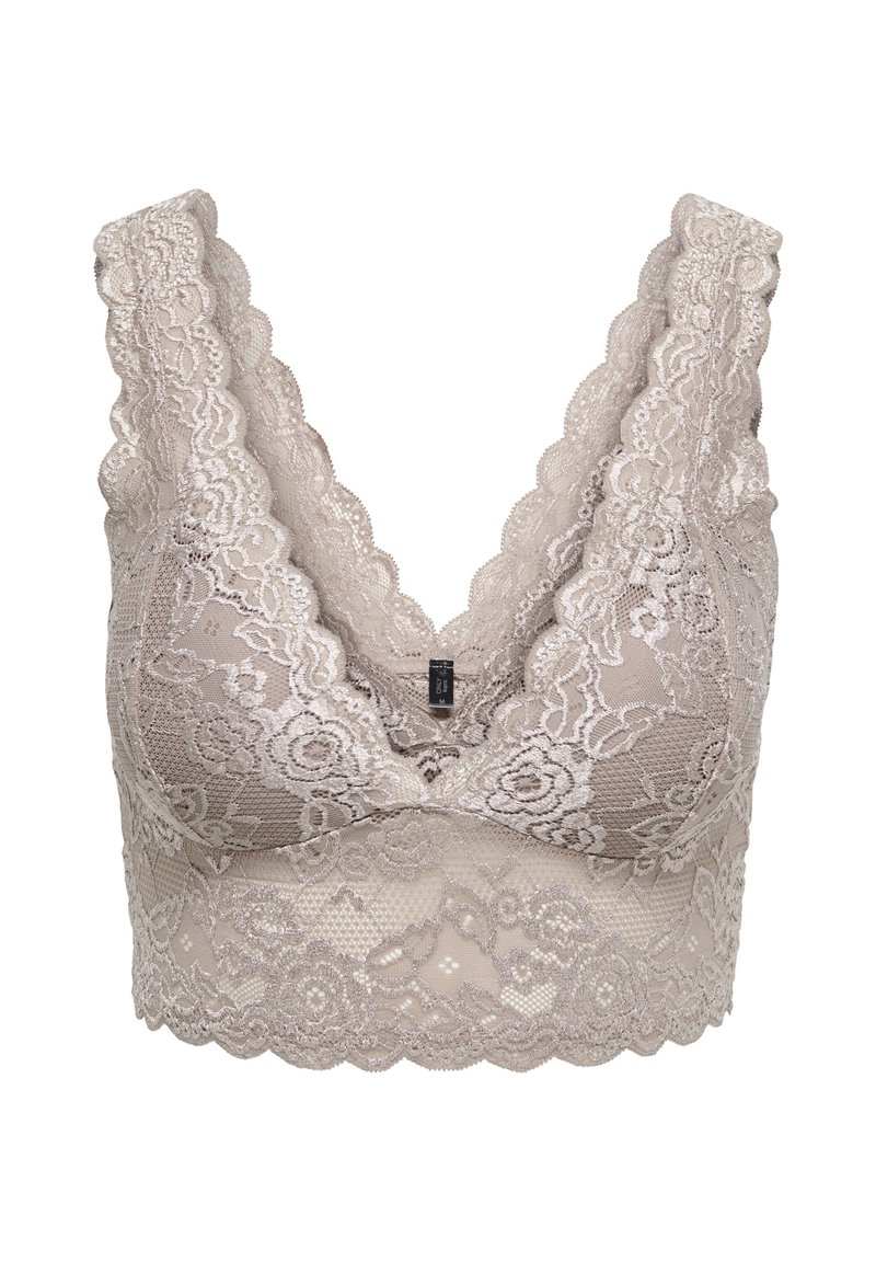 Μπεζ δαντελένιο σουτιέν bralette με λουλουδάτα σχέδια, φαρδιές τιράντες και κυματοειδή άκρα, σχεδιασμένο για άνεση και στυλ.