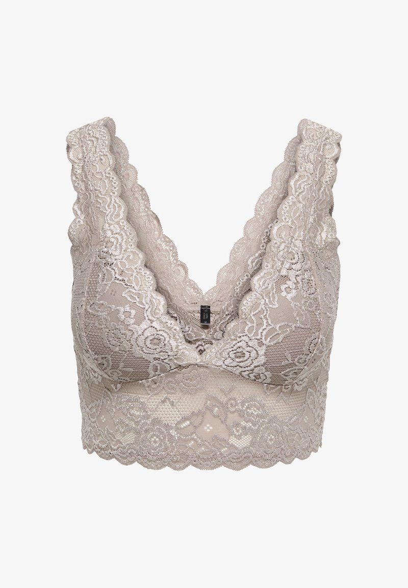 Μπεζ δαντελένιο σουτιέν bralette με λουλουδάτα σχέδια, φαρδιές τιράντες και κυματοειδή άκρα, σχεδιασμένο για άνεση και στυλ.