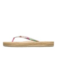Kumisaappaat, joissa on kukkakuosi vaaleanpunaisilla remmeillä, teksturoitu beige pohja ja kudottu juuttia muistuttava muotoilu reunoilla.