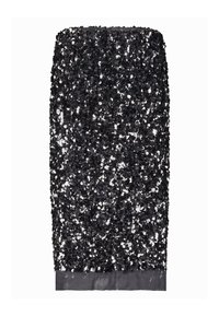 Czarna spódnica z cekinami o dopasowanym kształcie i błyszczącej powierzchni. Posiada solidny czarny satynowy pas i gładkie, strukturalne podszewki.