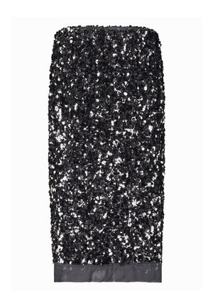 Zwarte paillettentrokken rok met een getailleerde vorm en glanzend oppervlak. Heeft een stevige zwarte satijnen tailleband en een soepel gevoerd binnenwerk.