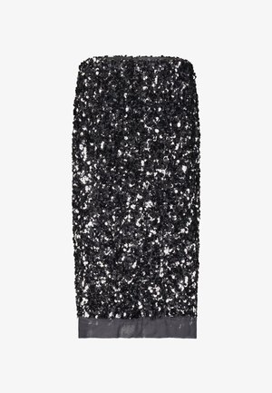 Musta paljeteilla koristeltu hame, jossa on vartalonmyötäinen muoto ja kiiltävä pinta. Siinä on kiinteä musta satiinivyötärö ja sileäteksturoitu vuori.