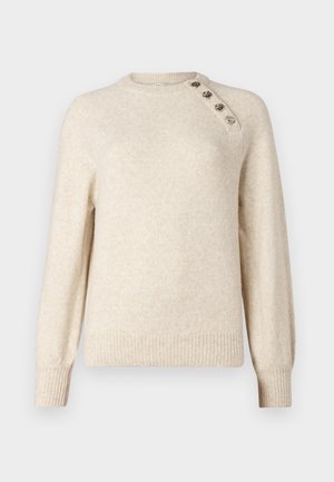 Maglione lavorato a maglia color crema con scollatura rotonda, polsini a coste e dettagli decorativi con bottoni lungo una spalla. Texture morbida, vestibilità rilassata.